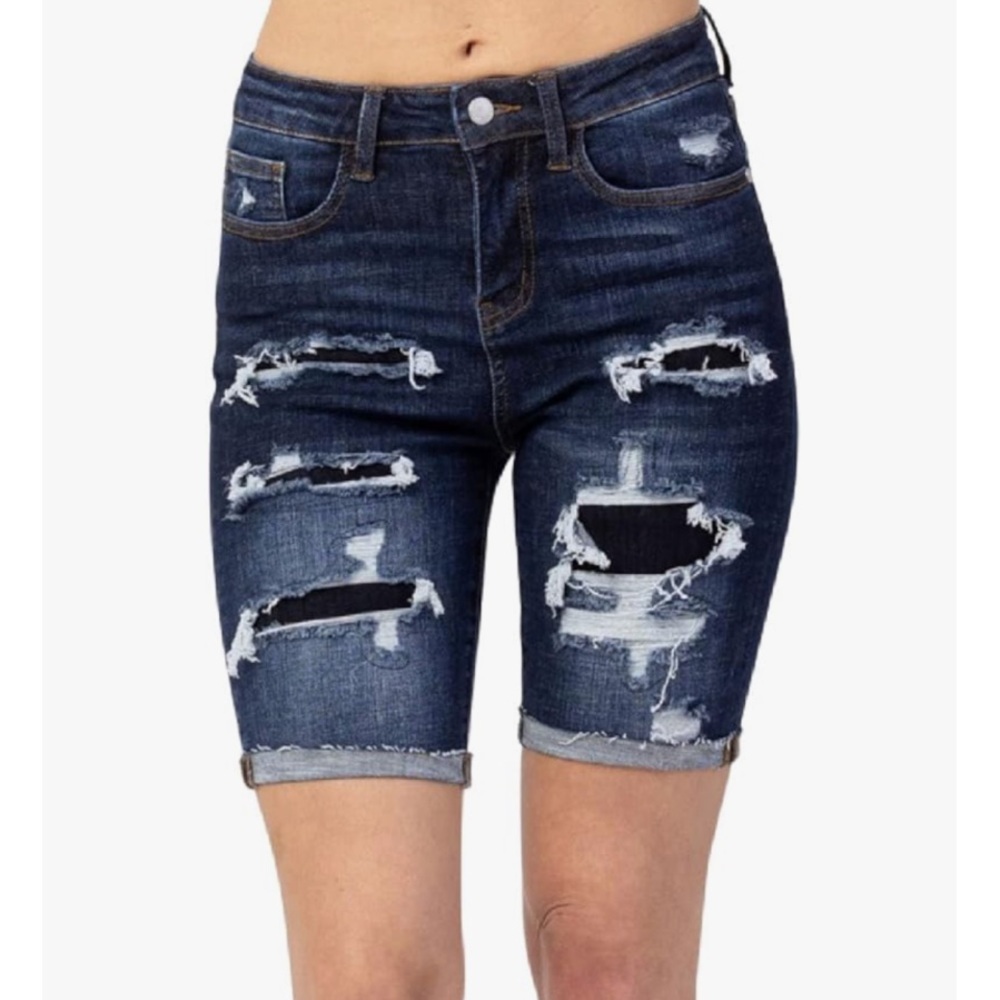 JUDY BLUE Denim Dark Blue Patch Destroyed Bermuda Jean Shorts High Rise Small